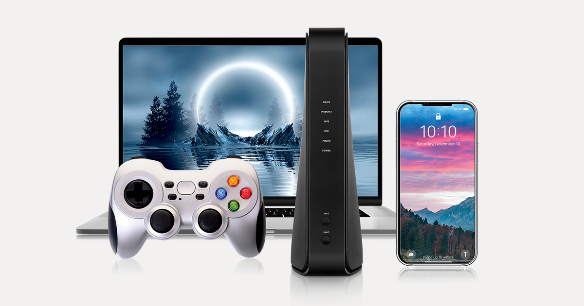 Multiple digital devices including a gaming controller, a smartphone, a laptop and a router