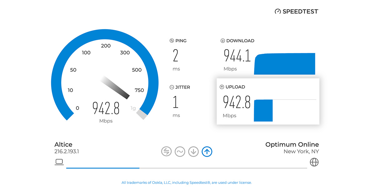 A speed test result features a speed dial pointing to the fast speeds available with Optimum Internet